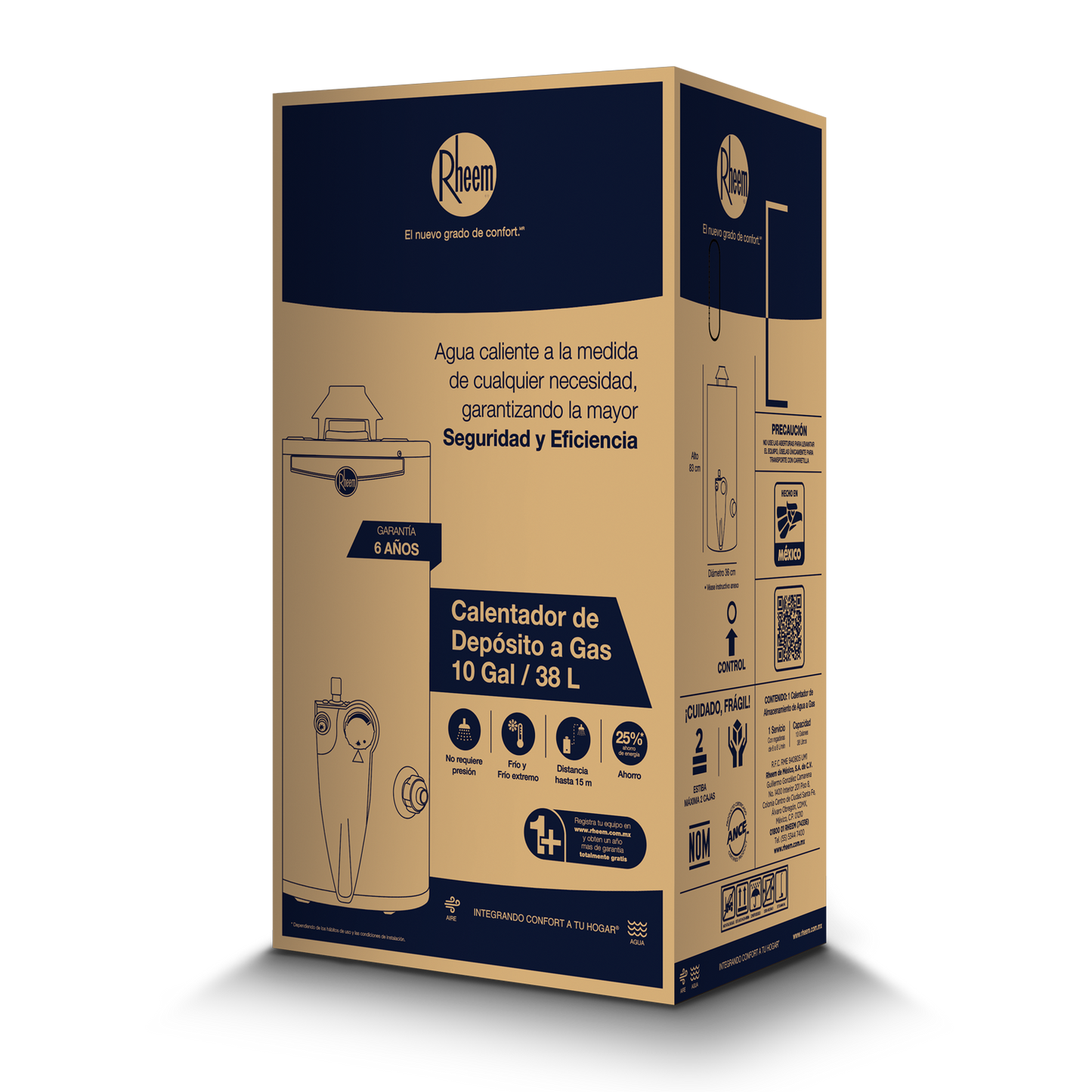BOILER CALENTADOR DE AGUA RHEEM DE DEPÓSITO 38 LTS A GAS LP